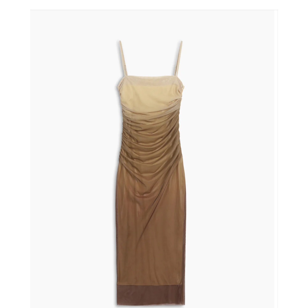 Commense Cappuccino Ombre Mesh Ruching Zippered Long Dress Gown Maxi Sleeveless